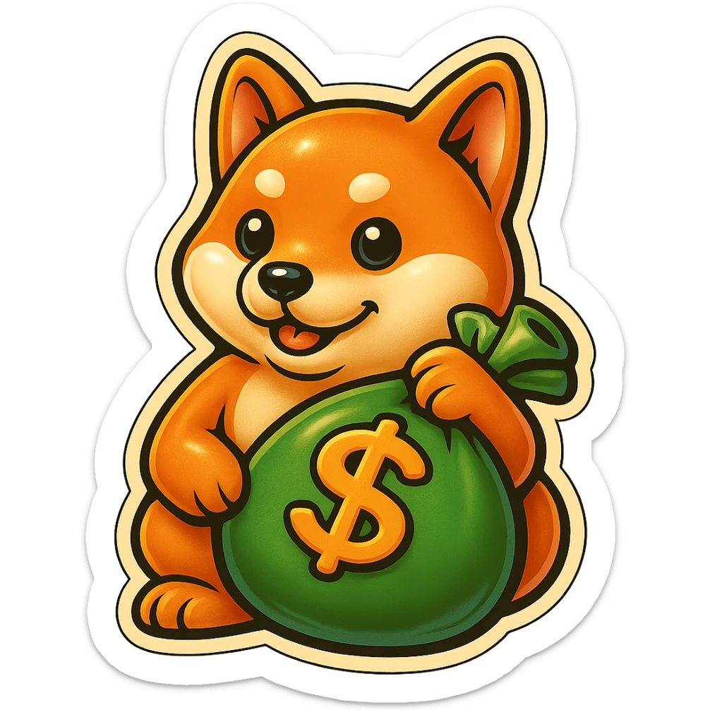 Make the bag of money much bigger while keeping the Shiba Inu and the retro stickers style the same, with no background. sticker