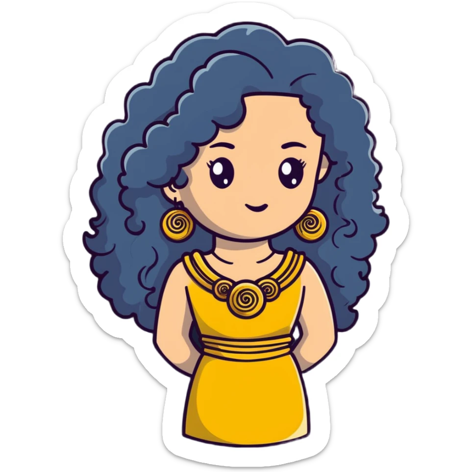pretty Greek girl with big puffy long curly hair, gold statement earrings and necklace, cute modern dress sticker