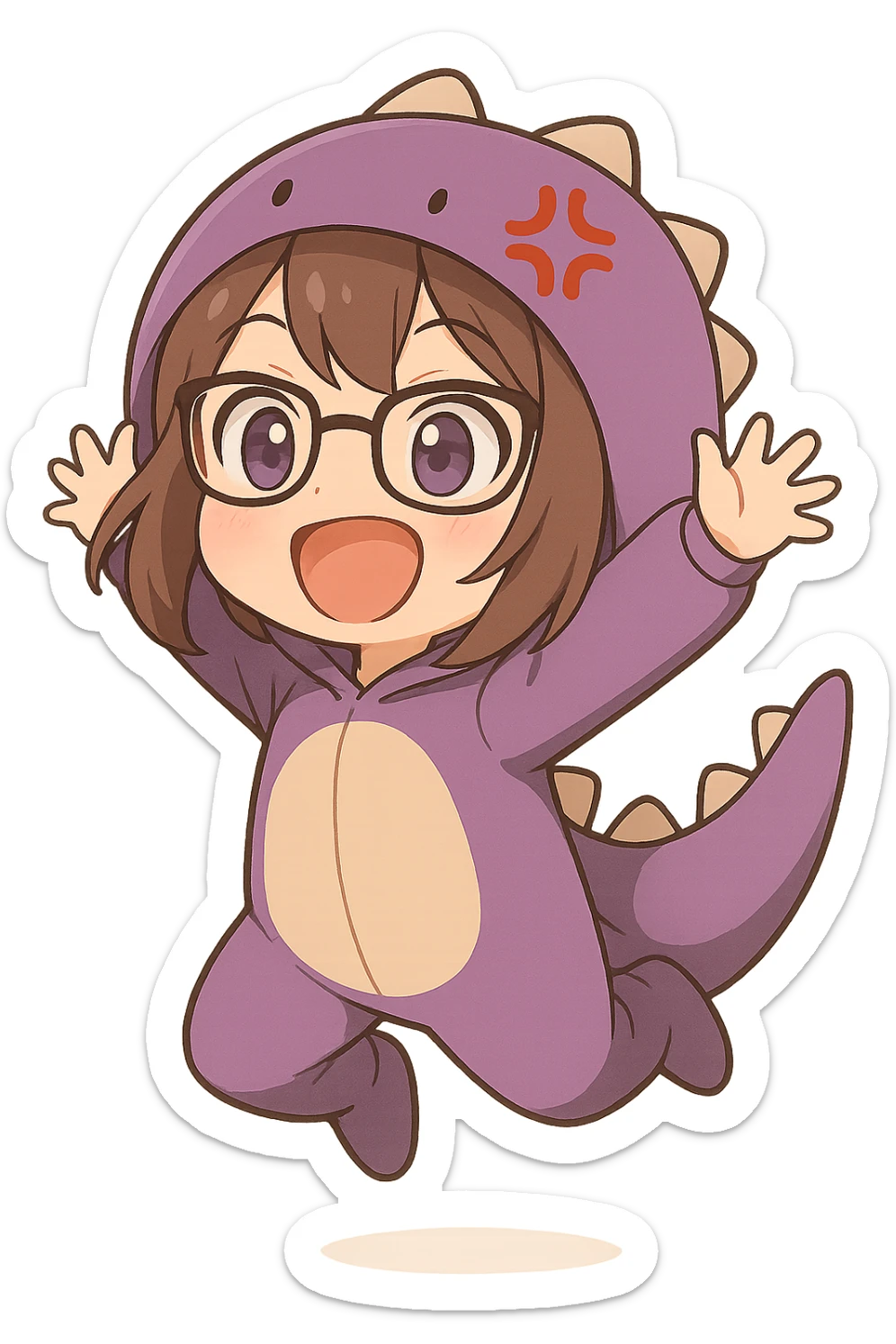Chibi anime style gamer girl with glasses, brown hair, dark purple eyes, wearing a purple dinosaur costume, jumping pose, excited expression, no controller, no background, same style as reference. sticker
