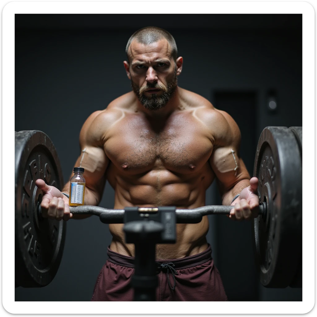 realistic powerlifter athlete during deadlift, syringe and bottle of AAS near weights, doubtful look, very developed muscles, isolated on white background sticker