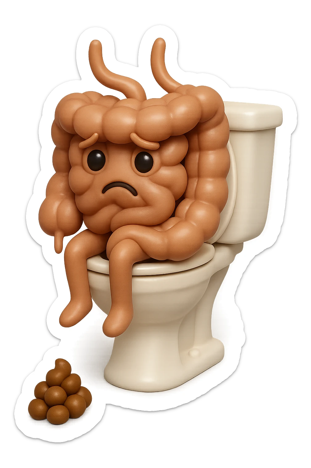 EMOJI STILE IPHONE 3D DI UN INTESTINO CHE sta seduto sul wc e davanti ha una montagnetta di feci a palline stile emoji iphone E FALLO MOLTO REALISTICO IN 3D sticker