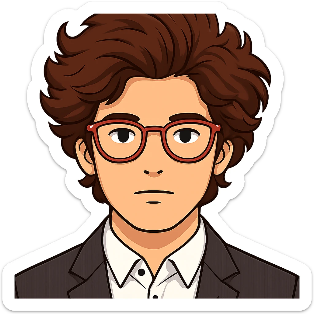 Make the hair much bigger on the face of a man with a lot of brown hair and red glasses, keep the style the same. Remove the background to isolate the subject. sticker