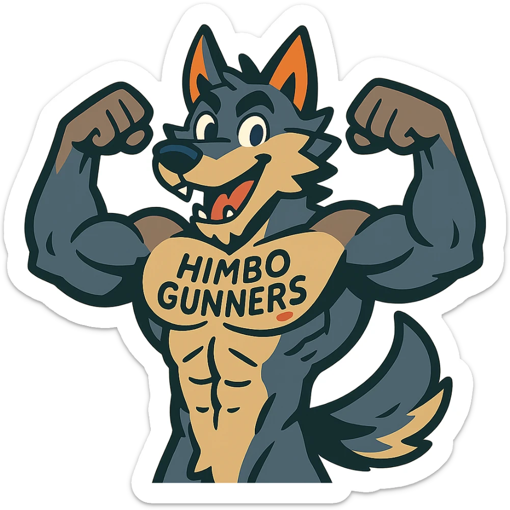 very muscular wolf furry, shirtless, 'Himbo Gunners' tattooed on chest, flexing pose, energetic and playful sticker