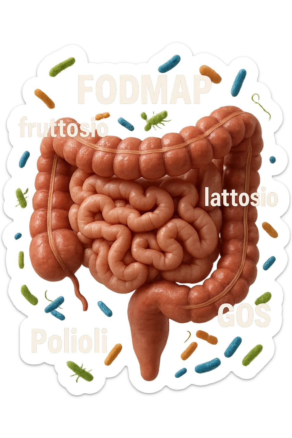 intestino umano anatomico con parole TIPO "FODMAP, fruttosio, lattosio, GOS, Polioli" in italiano CHE GLI FLUTTUANO INTORNO INSIEME A BATTERI INTESTINALI, iperrealistica 4k sticker
