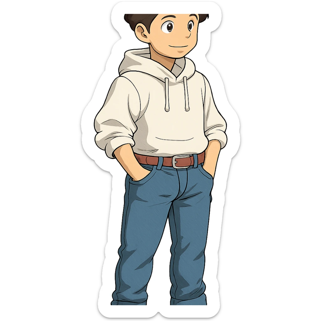 1 male, mid fade haircut dark chestnut brown curly hair, toasted lightskin, white hoodie sleeves up, fashion jeans, red fashion-sneakers shoes, red belt,  style of deku from "my hero academia" sticker