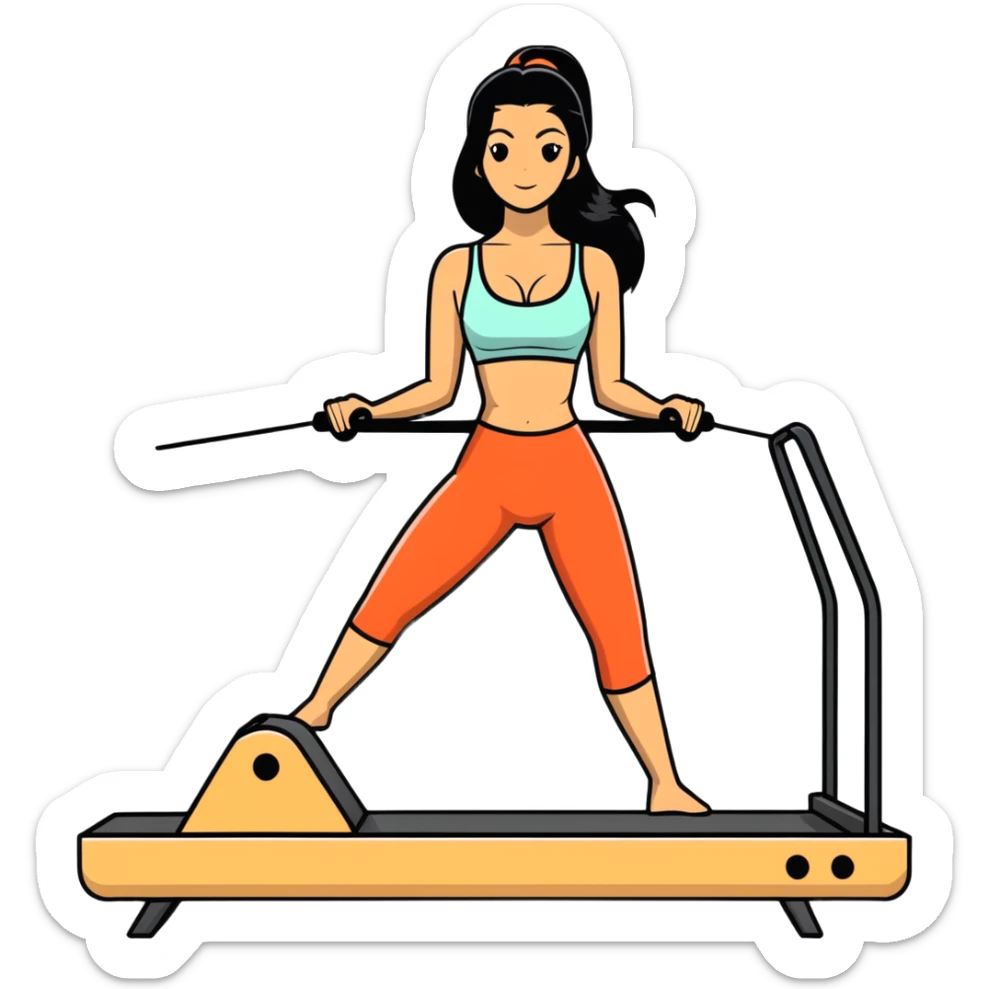 woman with bra, tanned long black hair, doing Pilates reformer sticker