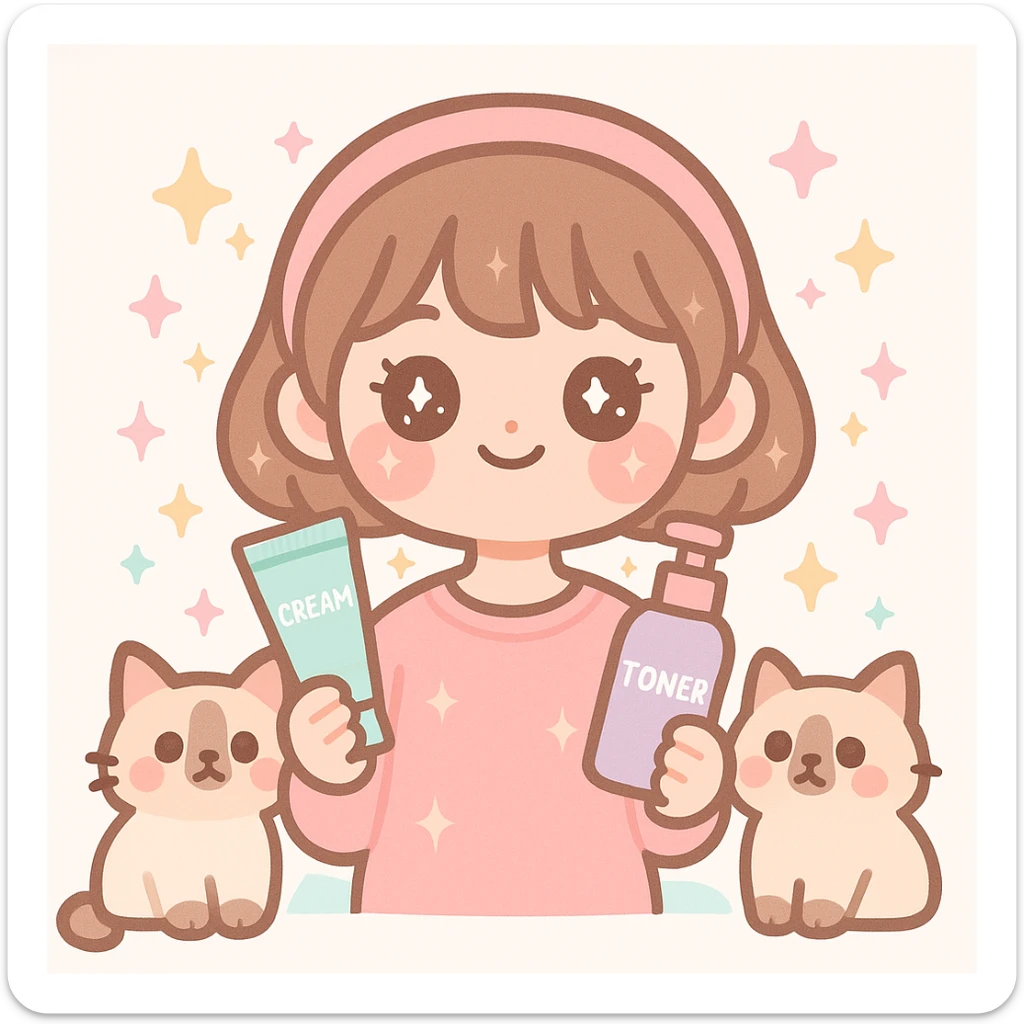 kawaii soft girl with short brown hair, pink makeup, skincare items, sparkles, and two fluffy light brown ragdoll cats, pink soft girl aesthetic sticker
