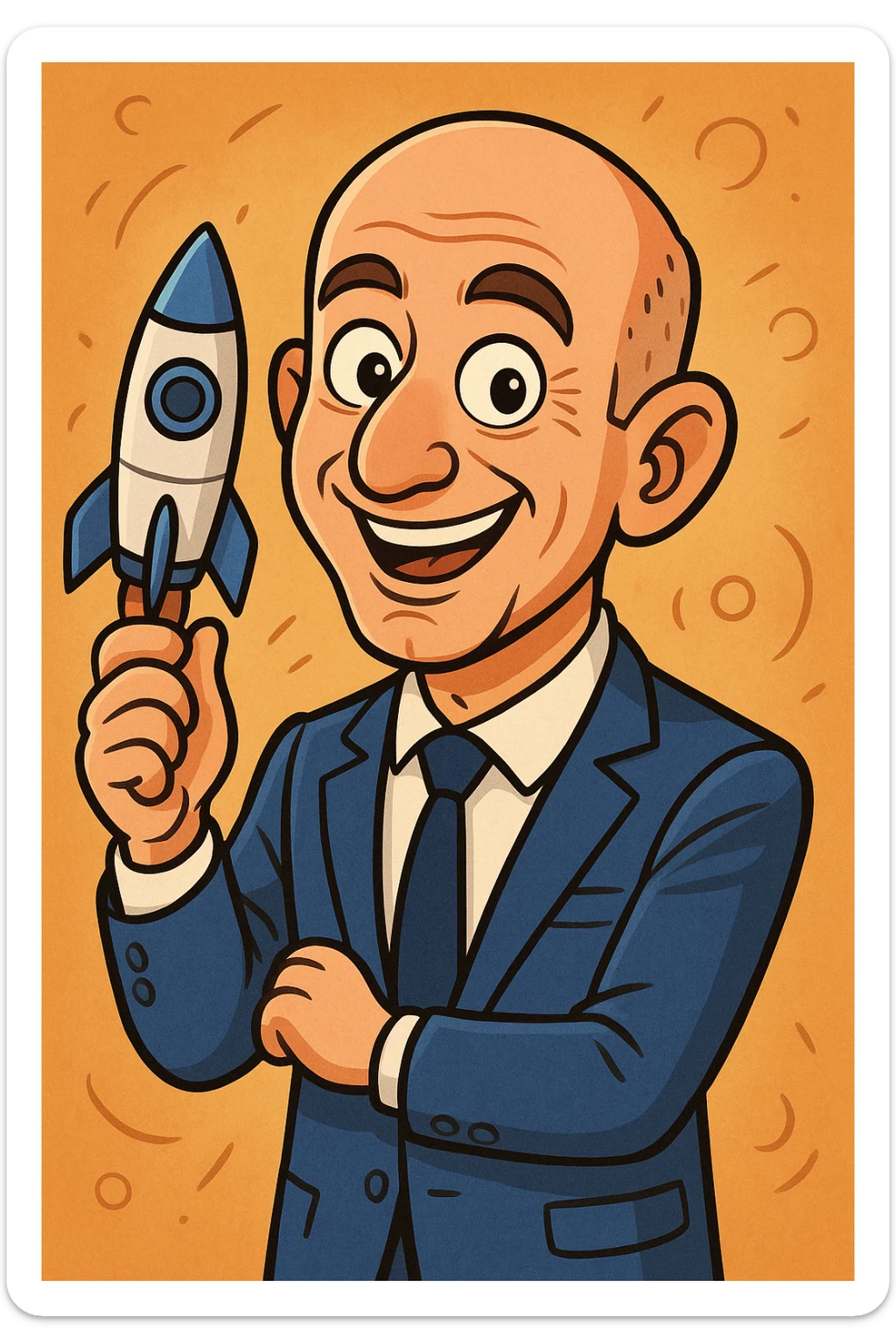 cartoon style portrait of Jeff Bezos, smiling, blue suit, holding a rocket, playful vibe sticker