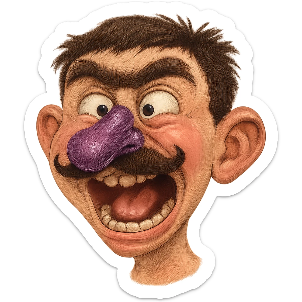 Create a humorous and exaggerated portrait of a male child with an eggplant-shaped nose, mustache, and unibrow. Include comedic and exaggerated facial expressions with humorous details. The background should be removed, focusing solely on the character's face. The style should be suitable for editing and allow for detailed expression enhancements. sticker