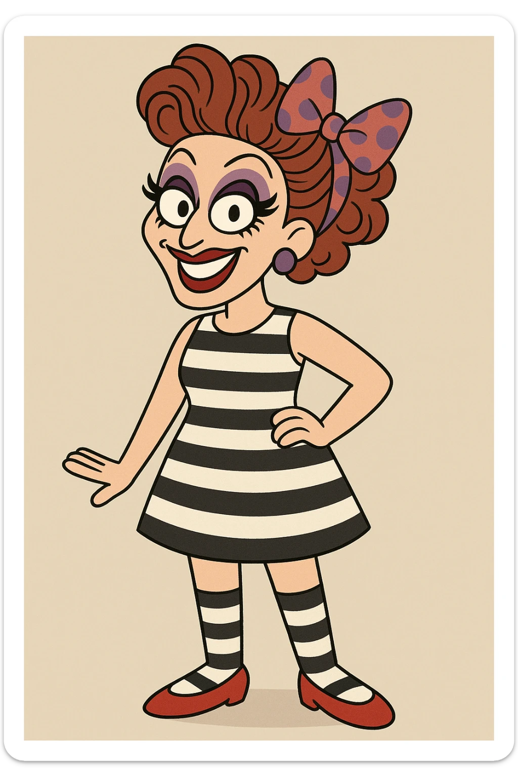 Bianca Del Rio red and purple spots hair ribbon colour dress black and white stripes socks red shoes  sticker
