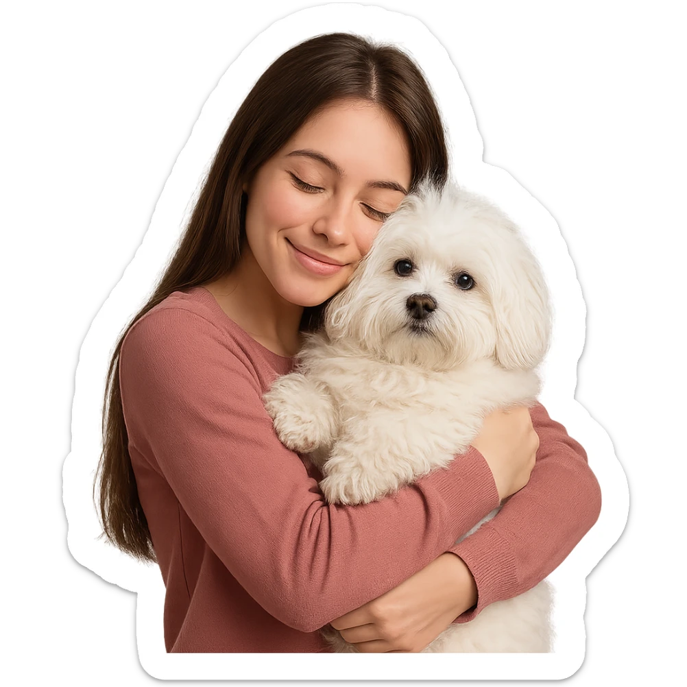 brunette girl with long hair hugging a fluffy Maltese dog sticker