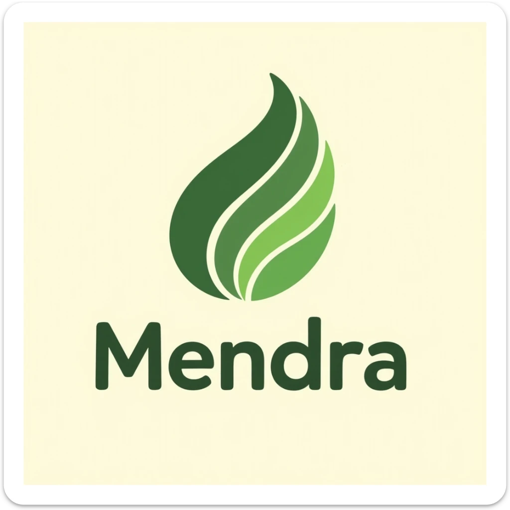 Logo for 'Mendra', organic foods and wellness. Leaf made of flowing green lines, upward curve for vitality. 'Mendra' below in modern sans-serif, vibrant green shades. Soft beige and pale green gradient background, Notion black doodle style. sticker