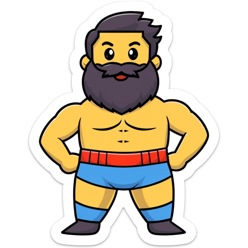 silly superhero with giant beard wearing underwear outside costume, goofy expression sticker