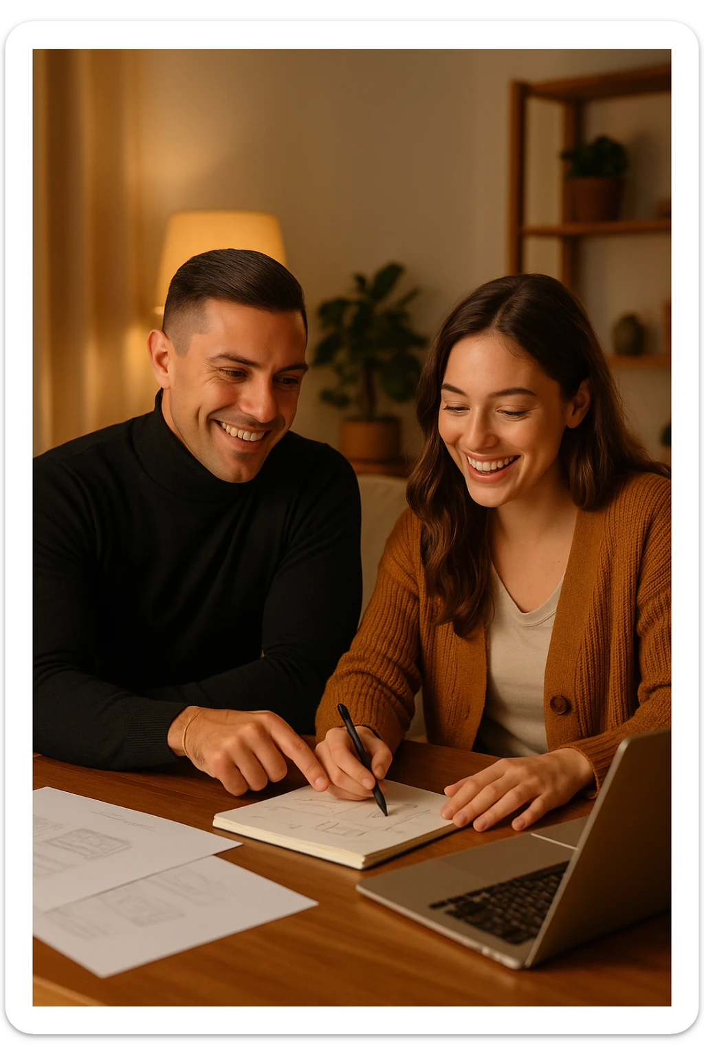 a man and woman work together on a project at home, with the man offering guidance and the woman actively participating and contributing ideas. Their expressions show teamwork and satisfaction, highlighting the benefits of collaboration and shared leadership. The setting is warm and inviting. sticker