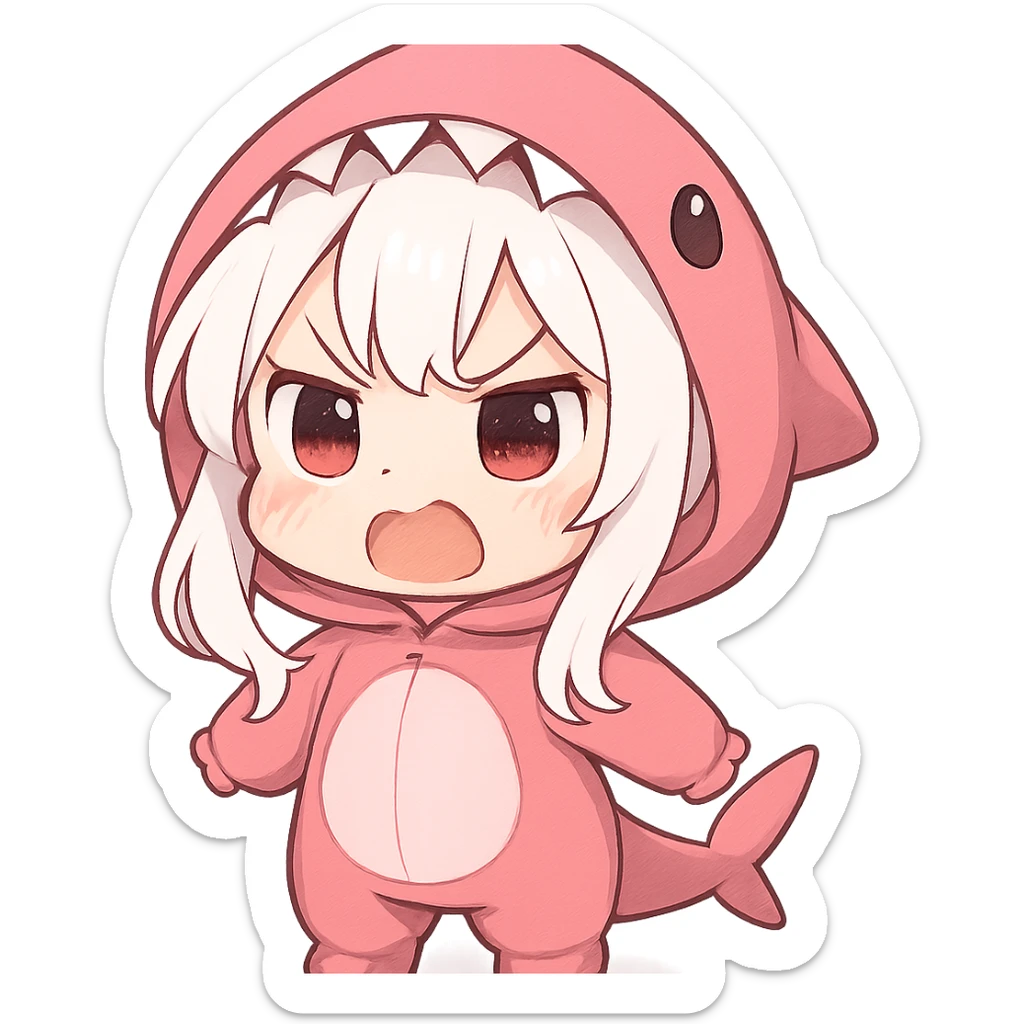 chibi girl with white hair, pink shark onesie, making an angry but cute face, adorable expression sticker