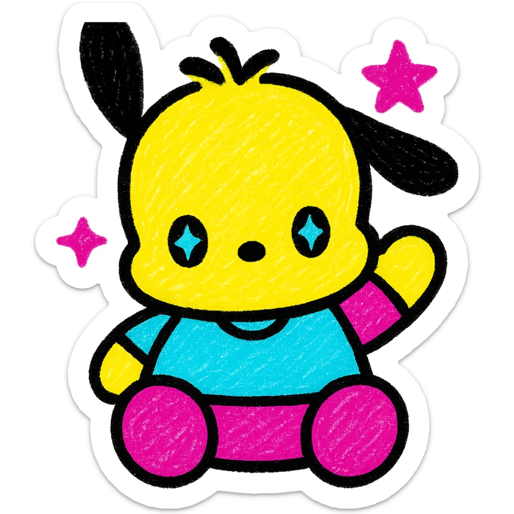 Sanrio Pochacco as a cute Popmart doll emoji, waving, sparkly eyes, plush toy details, soft and cuddly look sticker