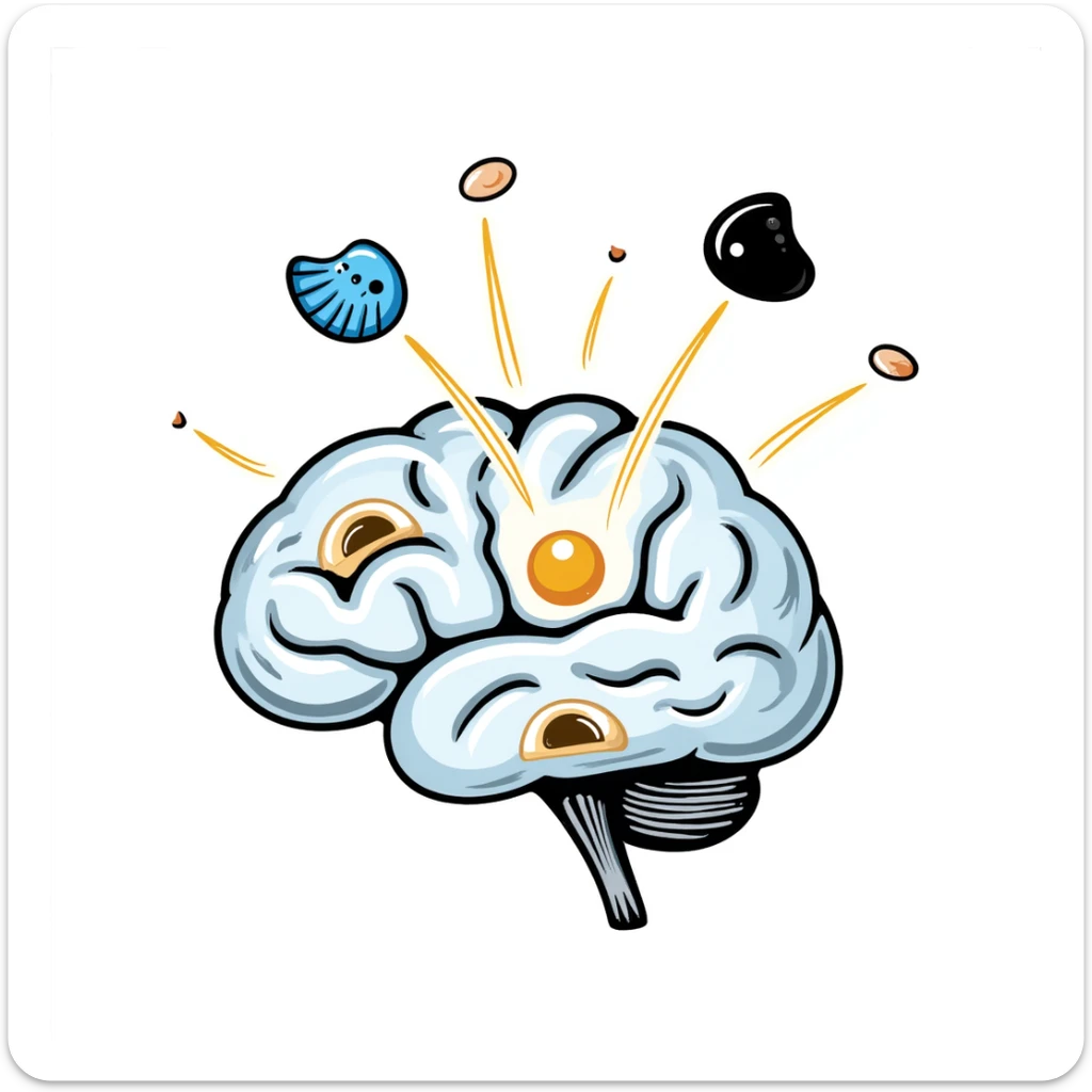 A crystalline brain with pieces of blue fish, egg yolk and fermented soy floating in a spiral around it. Thin light beams connect these foods to bright points on the brain, dissipating mental fog and creating clarity. sticker