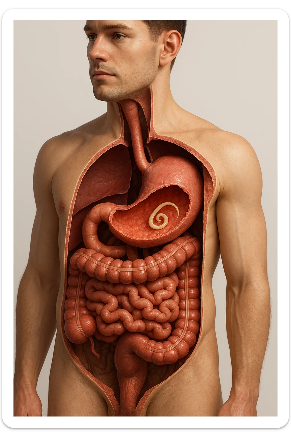 a 3D cutaway view of the human digestive tract, showing an Anisakis larva attached to the stomach or intestinal wall. in a man sticker