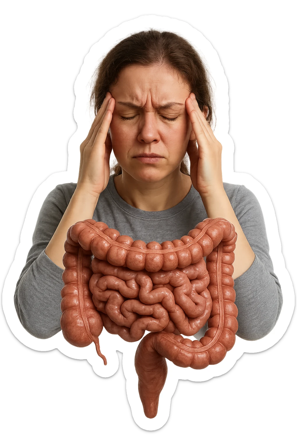 donna molto stanca e stressata che si massaggia le tempie con intestino umano anatomico realistico in evidenza, sfondo bianco, iperrealistico 4k sticker