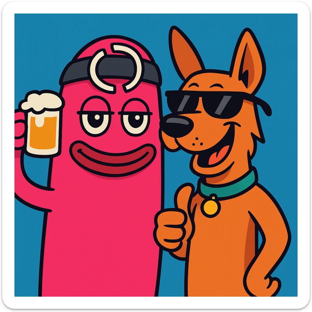 Add a funny cool cartoon dog next to the character in a vibrant, colorful, and humorous cartoon style as shown in the reference image. sticker
