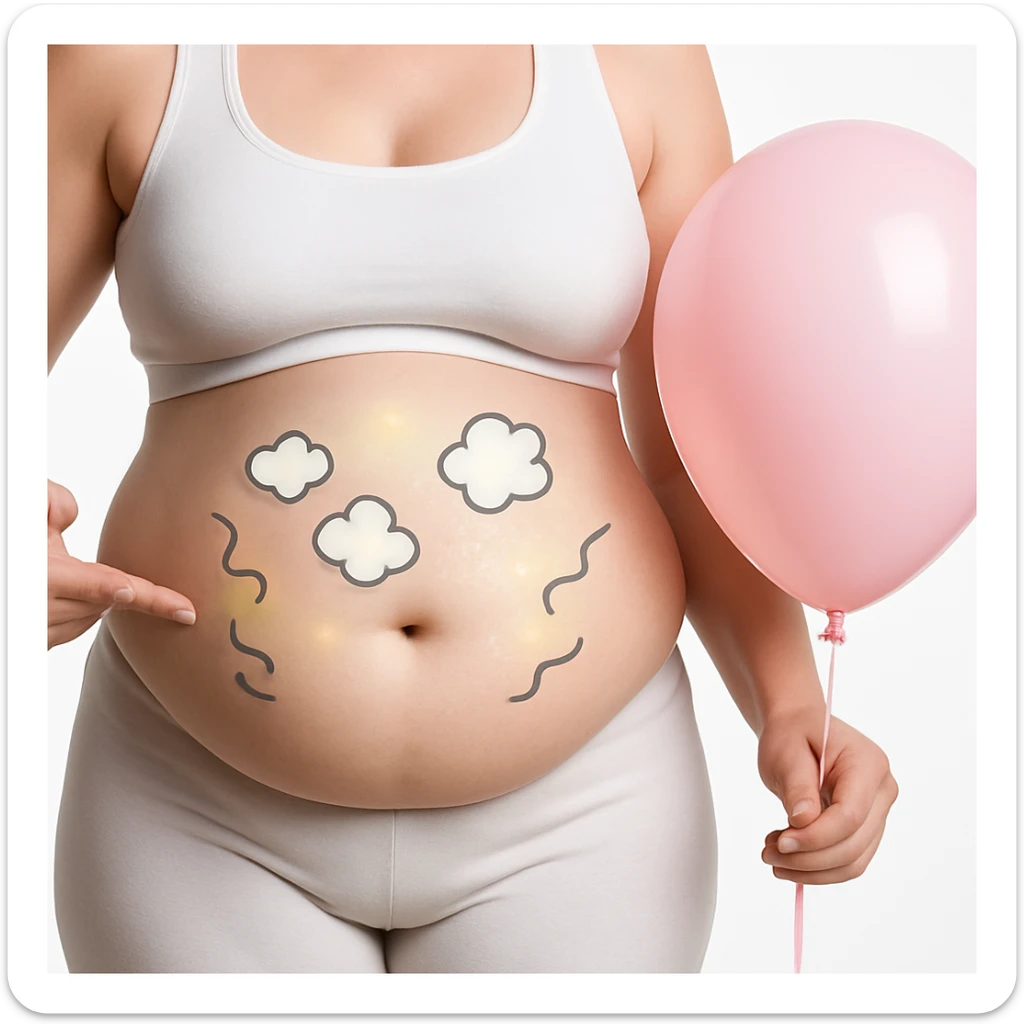 Realistic style edit of the woman identical to the photo with a very swollen abdomen. Add symbols of bloating like small clouds, curved lines, or a glow around the abdomen area. sticker