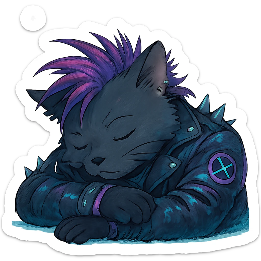  a anthro cat laying down his head to nap, punk gothic style, futuristic cyberwave cyberpunk, sticker
