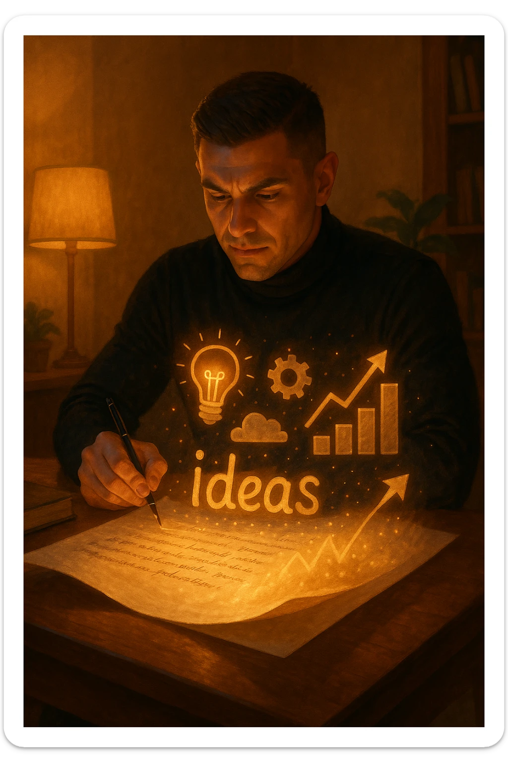 Un uomo concentrato, seduto alla sua scrivania in una stanza con luce calda, sta scrivendo su un enorme foglio di carta che si espande magicamente davanti a lui. Mentre scrive, le parole si trasformano in elementi visivi tridimensionali che rappresentano le soluzioni ai suoi problemi sticker