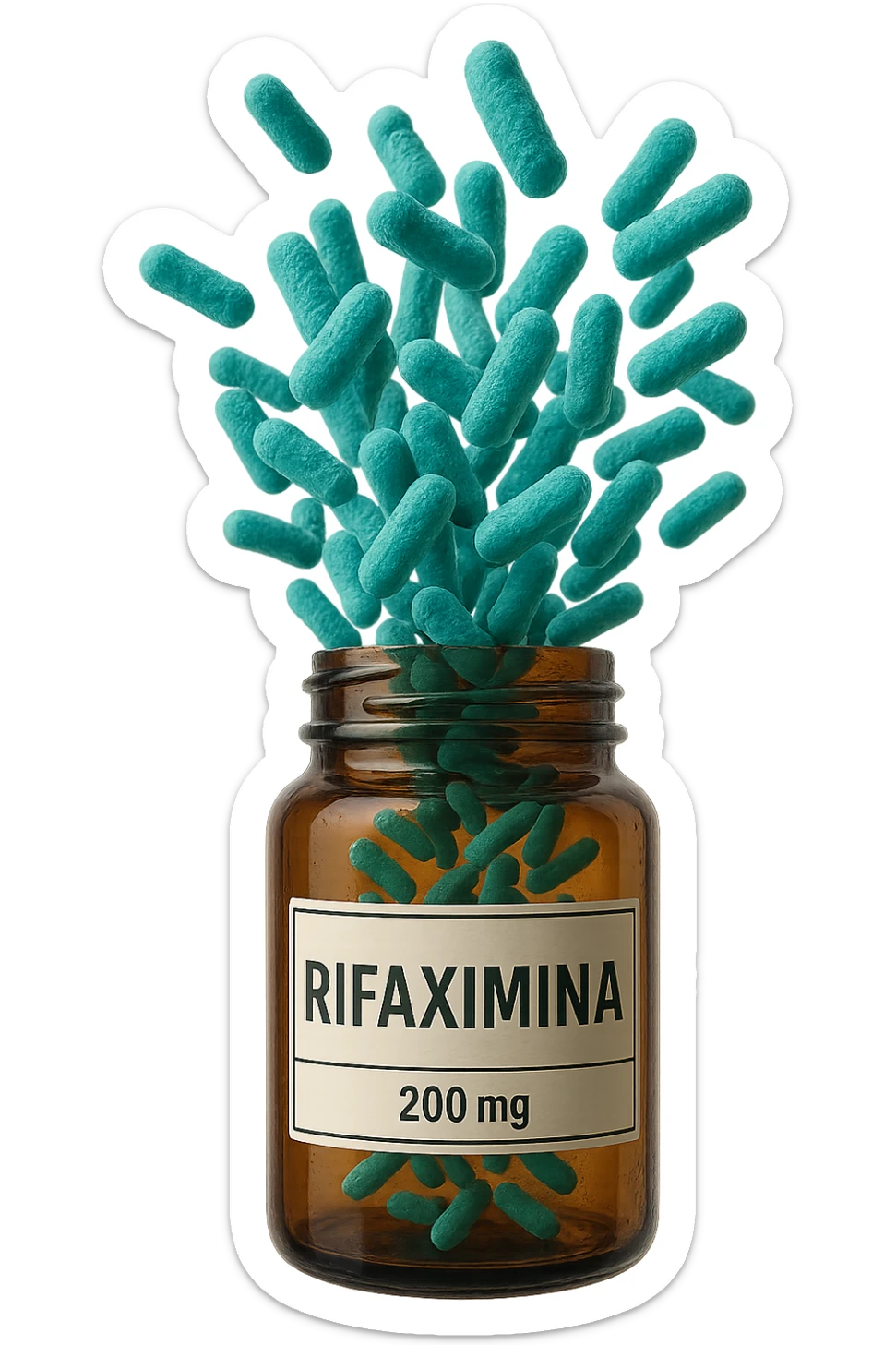barattolo di medicinale con la scritta "rifaximina" sull'etichetta fluttua in aria, da dentro al barattolo escono batteri intestinali turchesi, iperrealistico 4k sticker