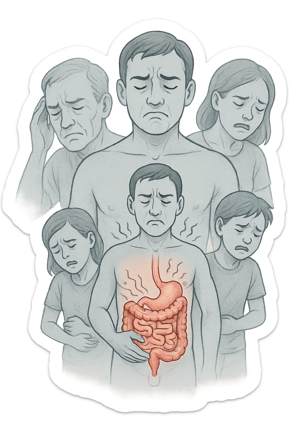 UNA SFILZA DI PARENTI TUTTE MALATE DI CANCRO AL COLON, SI TRAMANDO IL CANCRO NELLE GENERAZIONI, INTESTINO ANATOMICO VISIBILE ED ESPRESSIONE DI DOLORE IN VOLTO, MAL DI PANCIA sticker