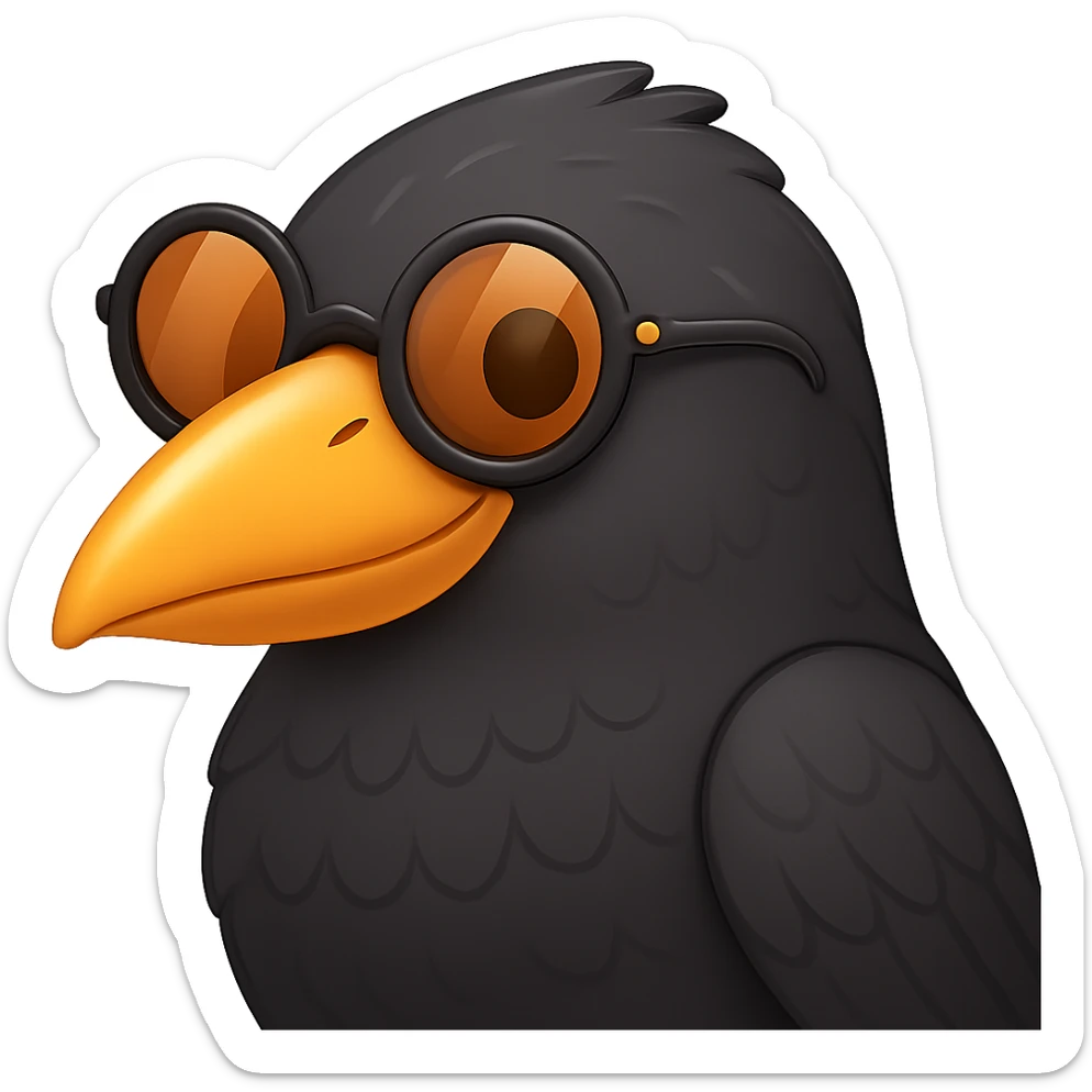 Make the bird emoji more emoji-like, keeping the detailed, slightly cartoonish style and subtle emoji shine. Define the feathers just a bit more than before, but keep it clean and not too realistic. Keep the orange beak and round sunglasses. No background. sticker