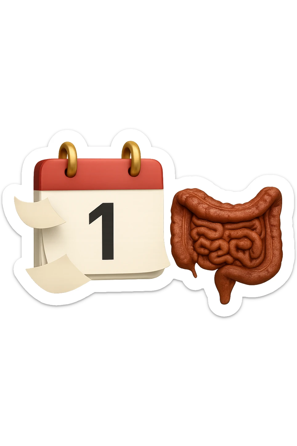 emoji stile iphone di un calendario con fogli che volano insieme a pezzi anatomici di colon umano, iperrealistico 4k, isolato su sfondo bianco sticker
