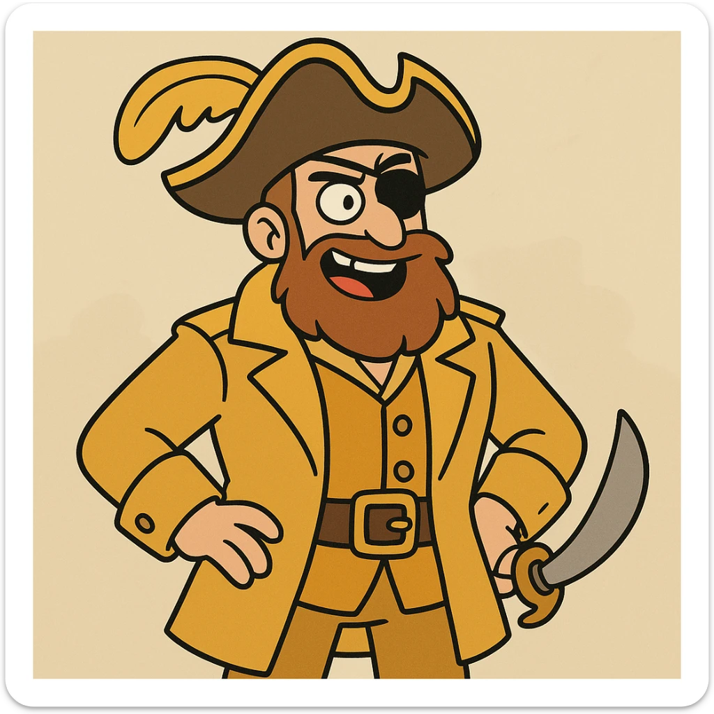 a pirate in a golden uniform and a hat with a golden feather, cartoon style sticker