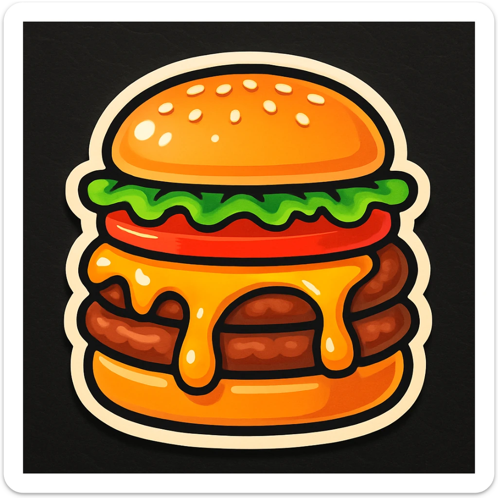 Add fresh green lettuce and juicy red tomato slices to the cheeseburger, keeping the cartoon emoji style, high detail, bright colors, and appetizing look. sticker