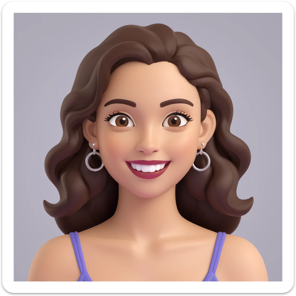 3D cartoon avatar in Memoji style young woman with light skin, cheerful smile, large almond-shaped dark eyes, thick curved eyebrows, long deep brown hair parted in the middle chin-length waves, silver hoop nose ring and earring on viewer's right, muted brown gradient background soft even lighting sticker