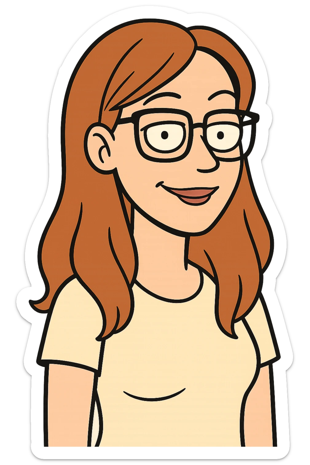 cartoon style portrait of a woman with long copper hair, fair skin, and glasses sticker