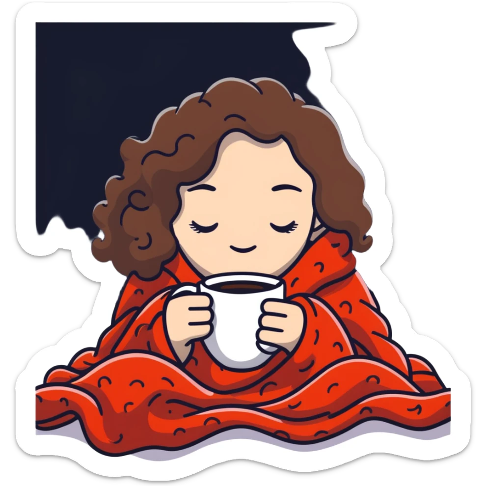 White girl with curly brunette hair inside a blanket sipping coffee with eyes closed, cozy winter morning sticker