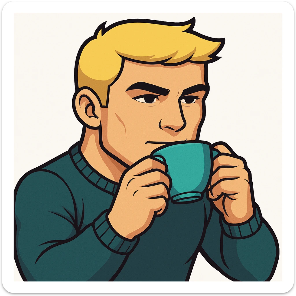 Make the long blonde male sipping tea emote appear more masculine, with stronger jawline, more defined facial features, and a slightly broader build in sticker style sticker