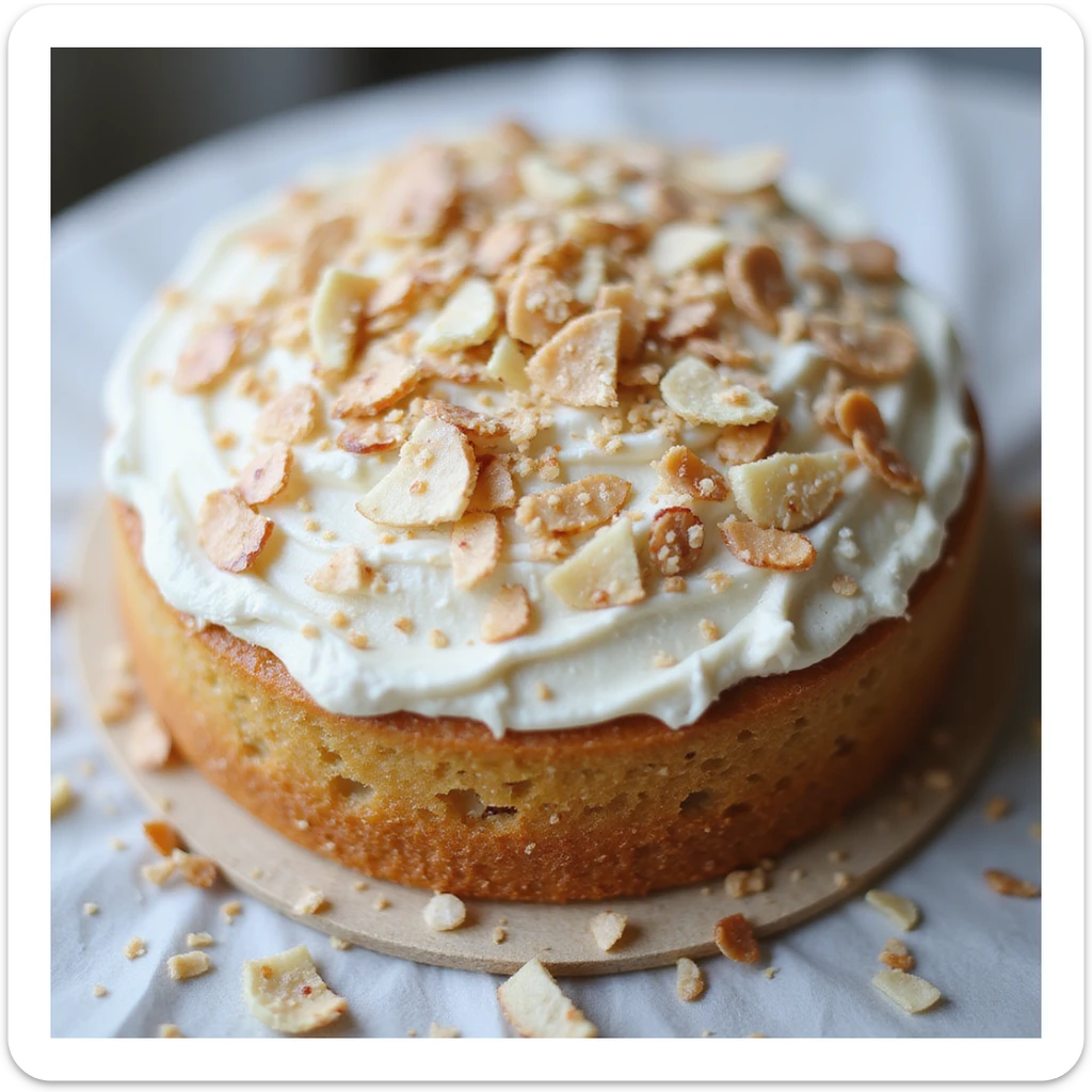 realistic round cake with coconut frosting and toasted coconut flakes, photorealistic style sticker
