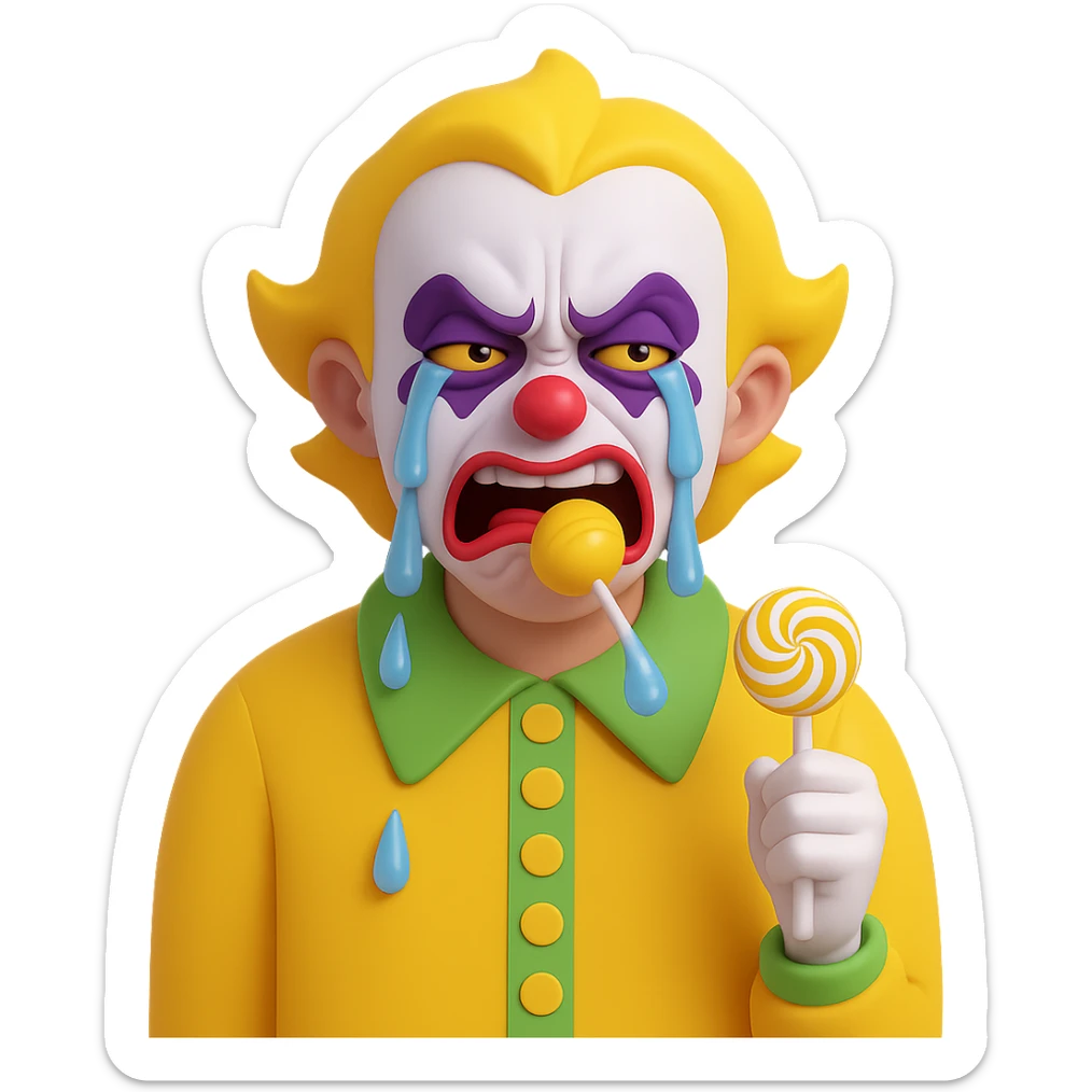 Make the ugly joker in the yellow jersey cry brutally out of envy, with exaggerated tears and a jealous, envious expression, still eating a lollipop, no background. Render in a style suitable for editing with transparent background. sticker