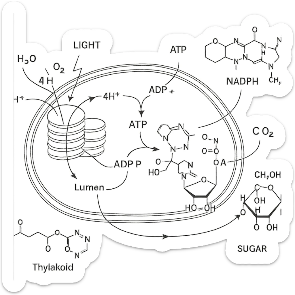 highly scientific, detailed, and labeled illustration of photosynthesis with molecular detail, showing ATP, NADPH, and all relevant molecules, no background, transparent sticker