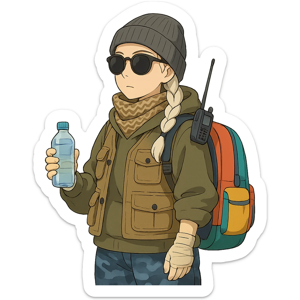 1 female, long white braid, knit cap, dark sunglasses, shemegh neckwrap, fishing vest, vibrant shool backpack, drab hoodie, handwraps, blue camo pants, handheld radio clipped to shoulderstrap of backpack, unkempt, holding a bottle of water sticker