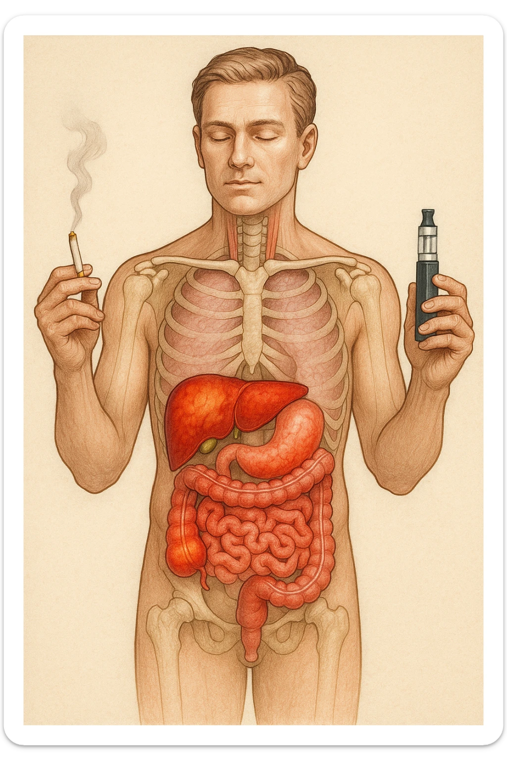 FANNE 10 CON LO STESSO IDENTICO STILE DEL CORPO UMANO CHE HO ALLEGATO , MA USANDO QUESTO COMANDO: A MEDICAL ILLUSTRATION OF A REALISTIC human body WITH INFLAMMED LIVER AND INTESTINE IN EVIDENCE, HOLDS A LIGHTED NORMAL CIGARETTE IN HIS RIGHT HAND, AN ELECTRONIC CIGARETTE IN HIS LEFT HAND sticker
