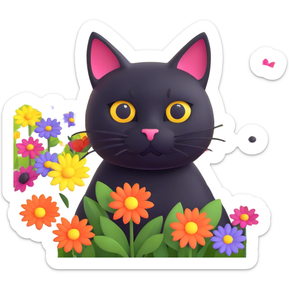 A black cat with a flower on its head in a field of flowers, pastel colors sticker