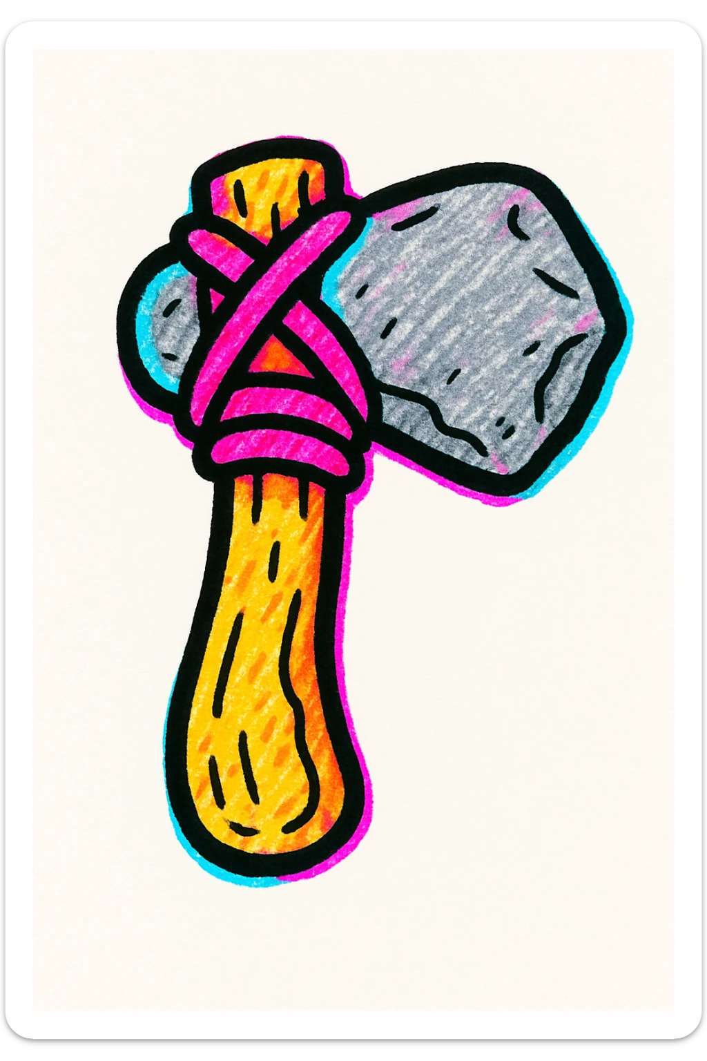conpep-style cartoon illustration of a Stone Age hand axe, with a textured wooden handle, thick rope binding, and a rough gray stone blade. Centered on white, with soft shadows and glossy highlights for a 3D emoji look. sticker