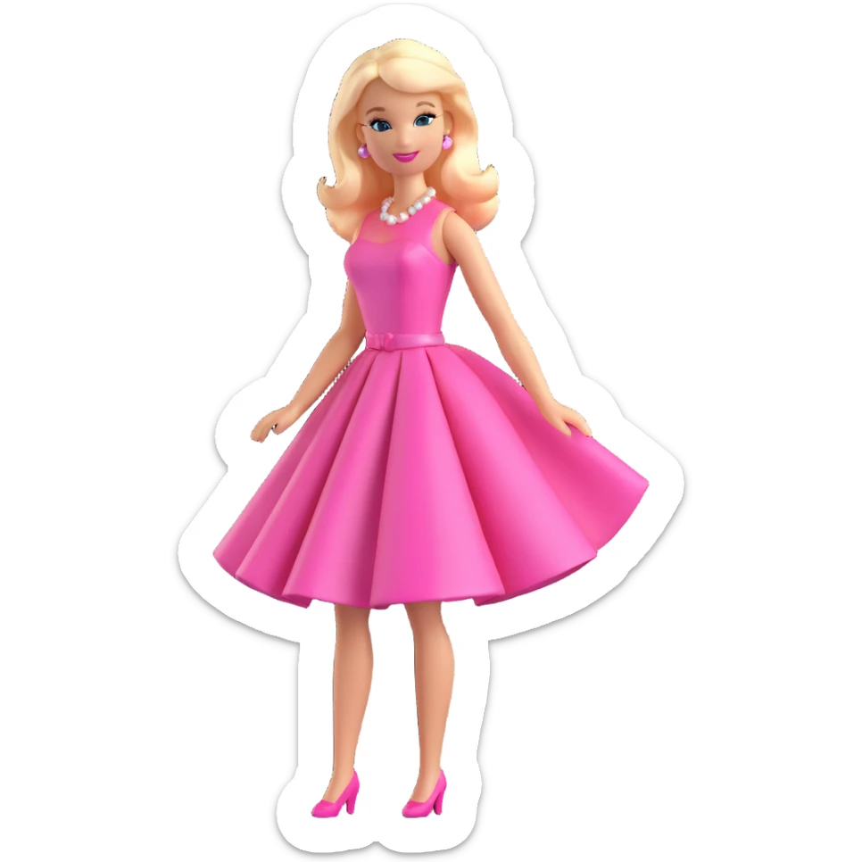 Barbie, classic doll with blonde hair, pink dress, cheerful expression, in a playful pose, 3D style, shiny and smooth look sticker