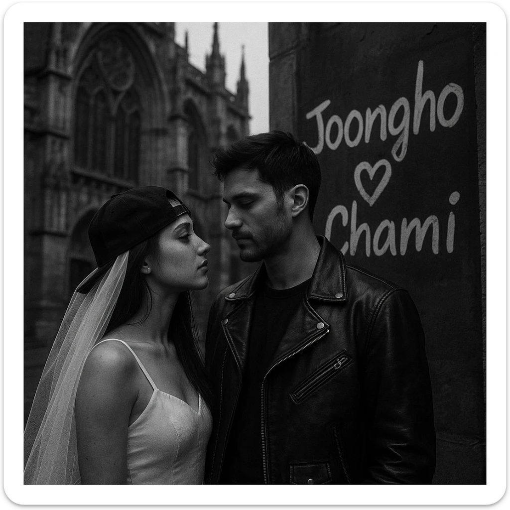 moody black-and-white street-style wedding couple in front of a gothic cathedral, bride wearing white veil and black snapback, groom in black leather jacket, urban trendy vibe, 'Joongho ❤️ Chami' in cool handwritten style on a wall or sign, black-and-white color theme, moody atmosphere sticker