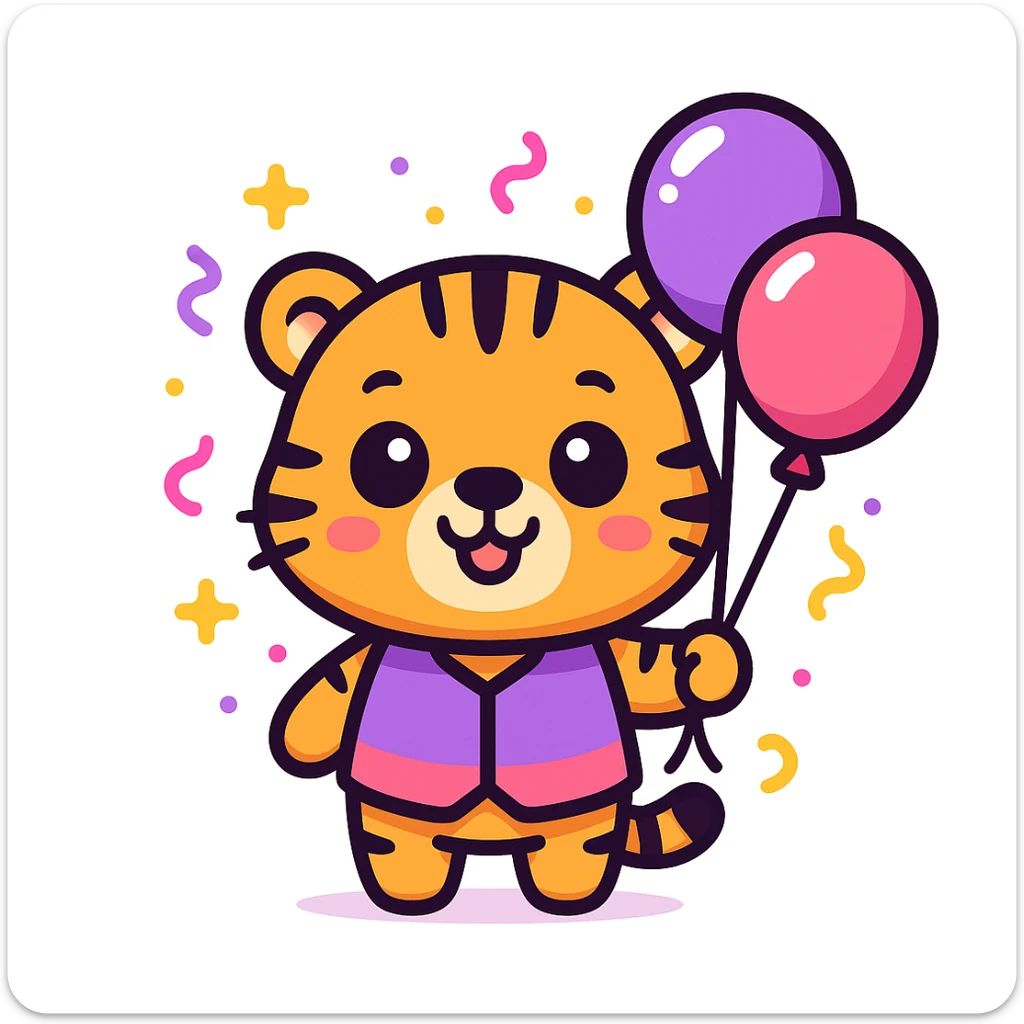 cute cartoon-style male tiger mascot with neotenic features: large round head, big shiny eyes, small nose and mouth, short arms and legs, chubby body, smiling happily, standing upright, wearing a purple and fuchsia vest or shirt, holding balloons, surrounded by soft party elements like confetti, bold outlines, soft colors purple to fuchsia gradient, gold accents, white, clean vector style, extremely cute, evokes tenderness, plain white background sticker