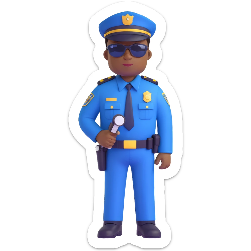 african american policeman, dark blue police uniform, brown sunglasses, no hat, minimal background sticker