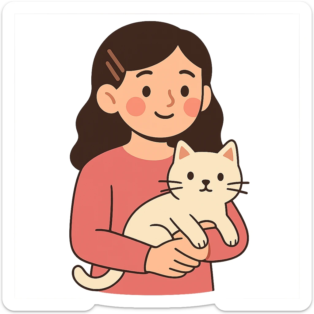 flat toon style character with dark brown hair clipped back with a hairpin, sweet eyes, pink clothes, cat in arms sticker