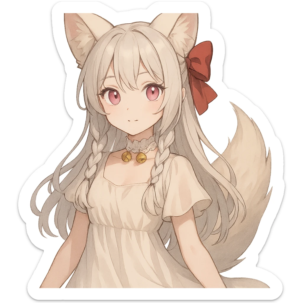 A girl fox spirit named QT with charming features, pink irises, pale skin, silver white hair parted in the middle into two braids with loose hair, a big red ribbon bow at the back of her head, wearing a flowy dress and a white lace choker with bells. sticker